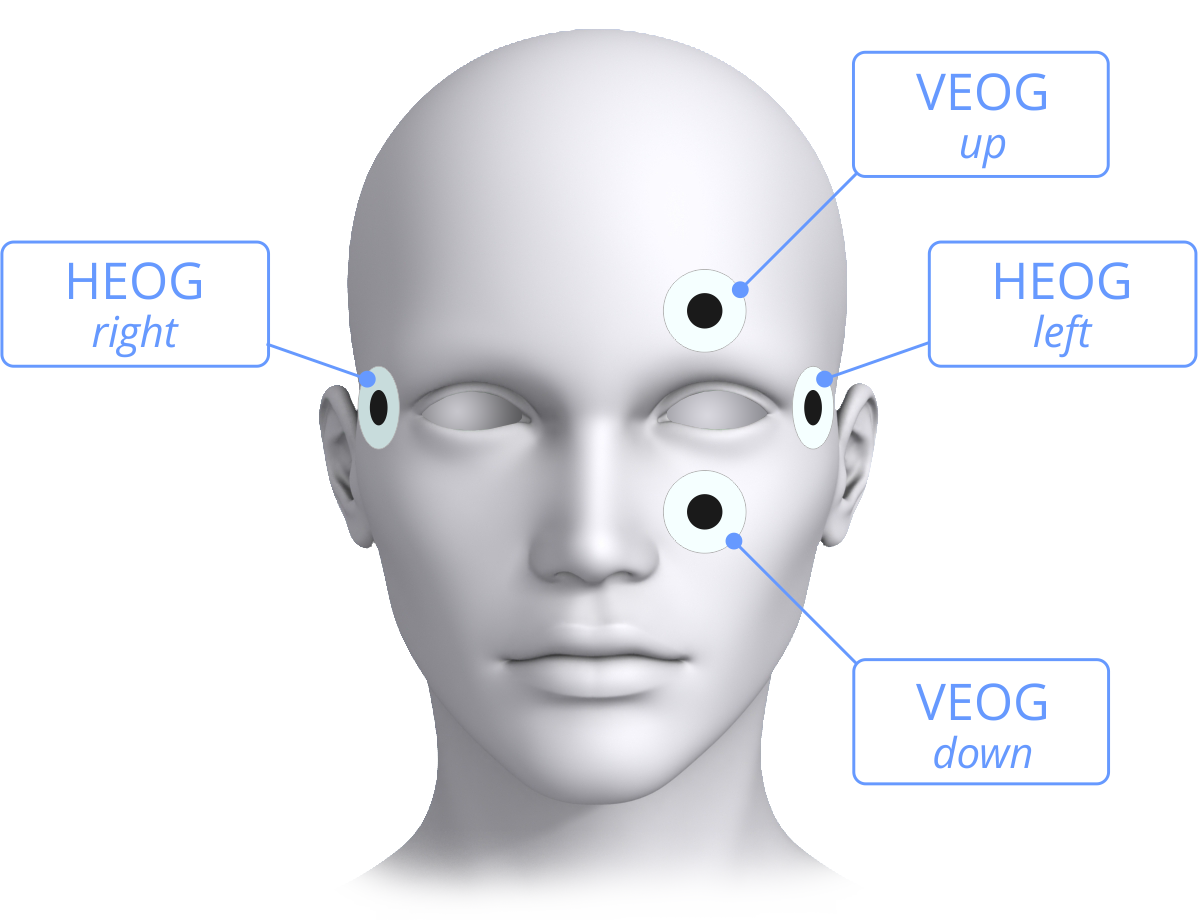 水平眼球運動 (HEOG) 和垂直眨眼 (VEOG) 檢測的常用電極放置